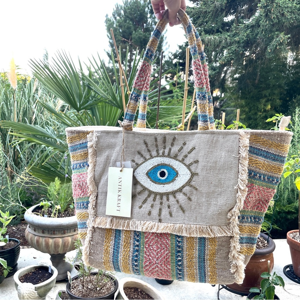 🪬 Antik Kraft Boho Tote Beaded Eye Colorful Woven Stripes Gold Accents NWT